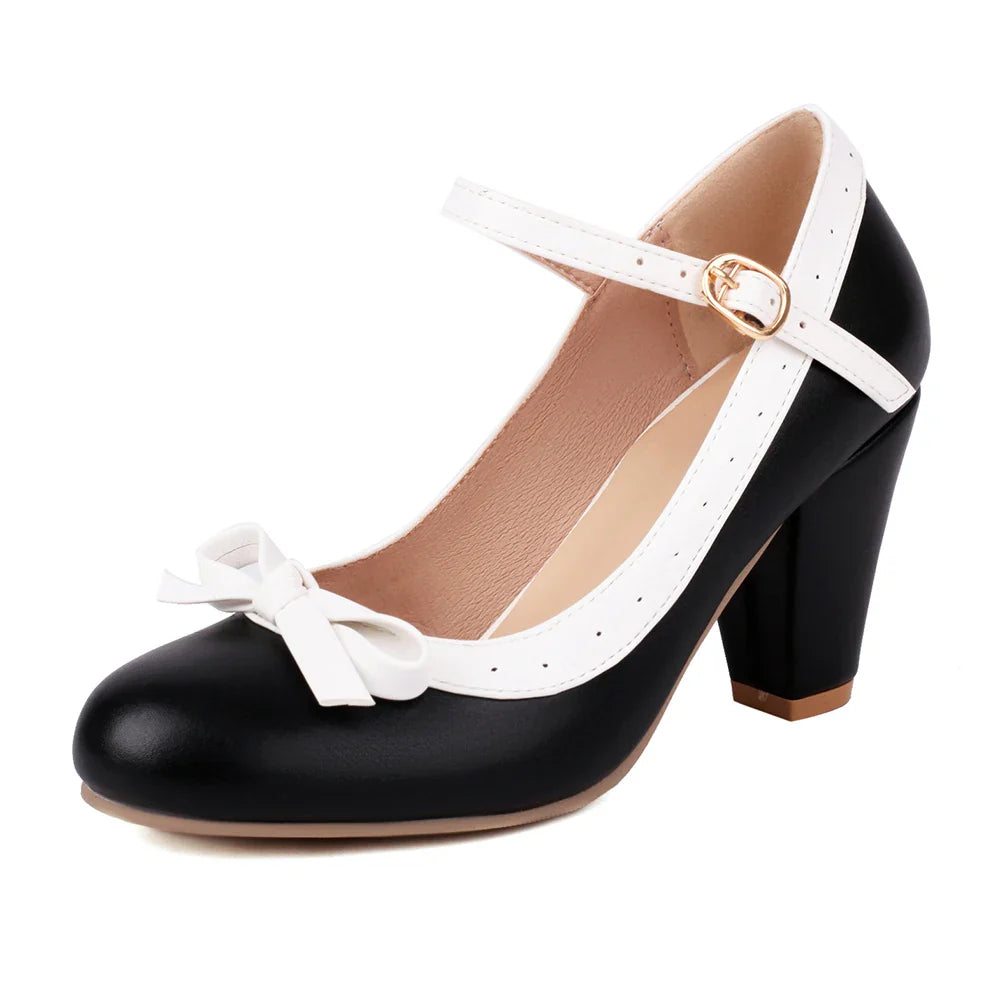 Pumps Sweet Bowtie Chunky High Heel Shoes