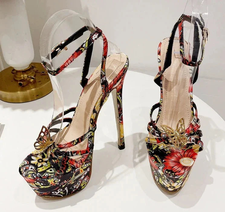 Butterfly-Knot Open Toe Ankle Buckle Strap Stiletto Heels