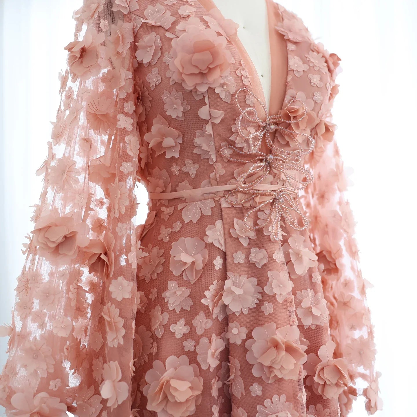 Blush Pink 3D Floral Evening Dress with Bell Sleeves