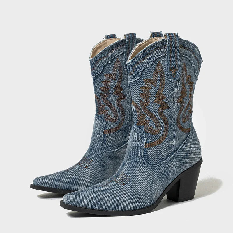 Denim Embroidery Western Square High Heels Boots
