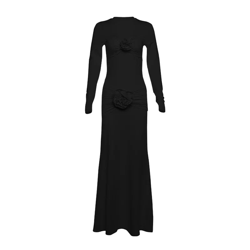 Ruched Flower Long Sleeve Solid Maxi Dress