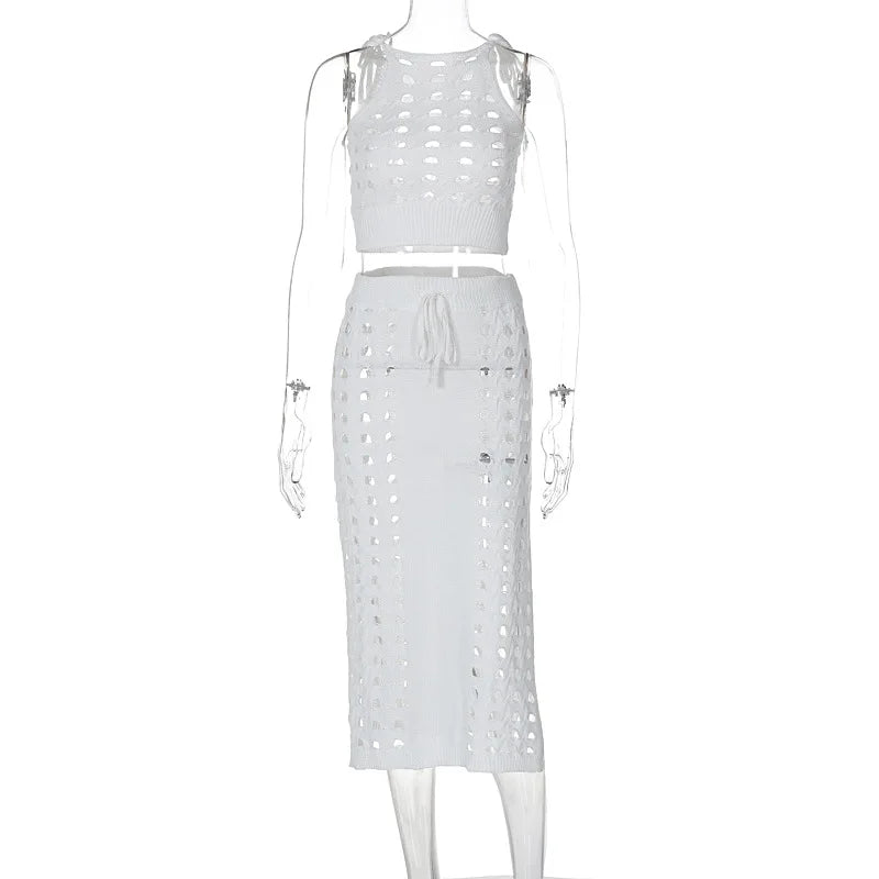 Hollow Out Knitted Top Lace Up Split Long Skirt Suit