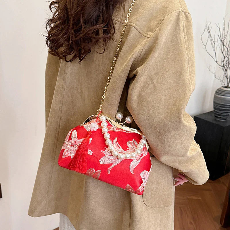 Embroidery Beaded Chain Crossbody Bag