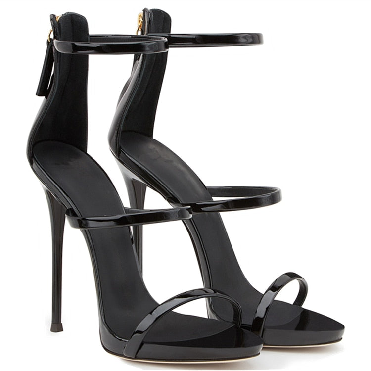 Black Metallic Triple Strap Stiletto Heel Sandals