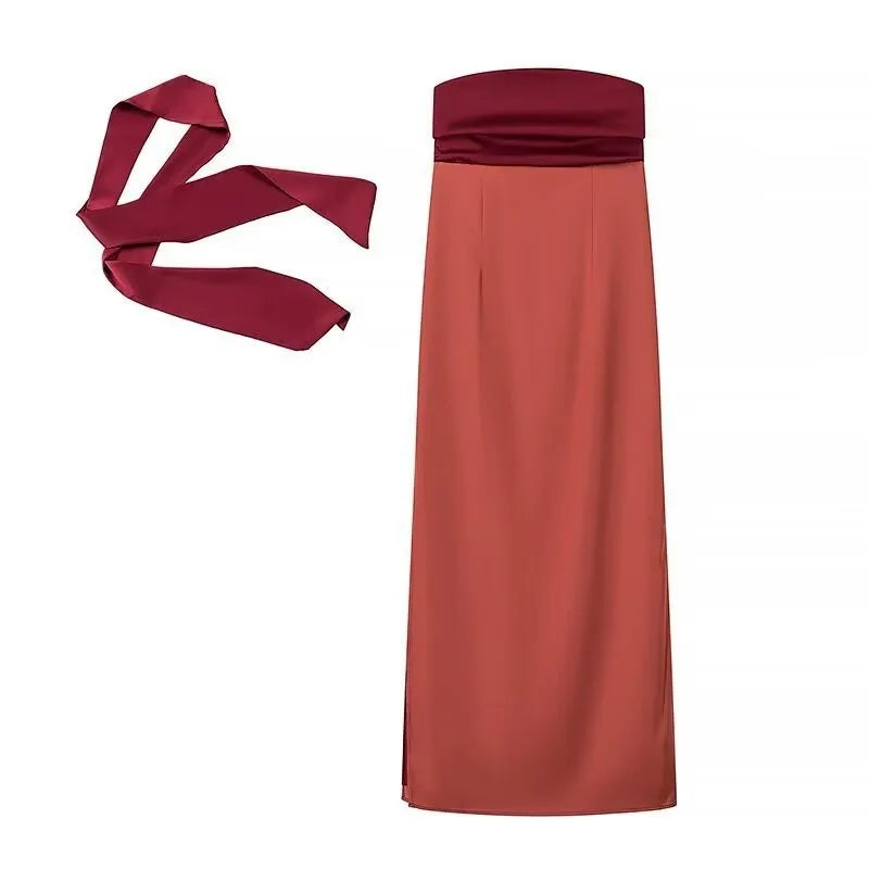 Elegant Ribbon Patchwork Off-Shoulder Strapless Maxi Dress