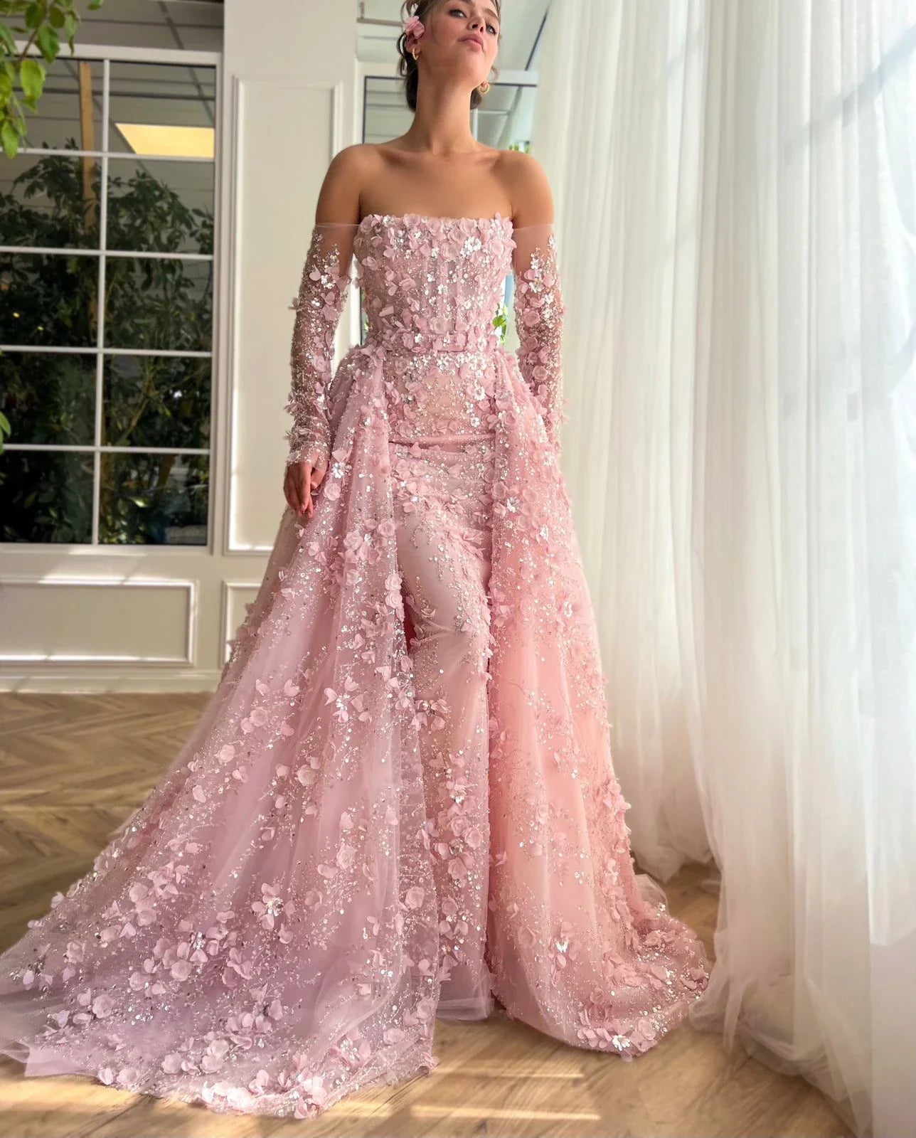3D Flowers Evening Dress with Overskirt Long Sleeves