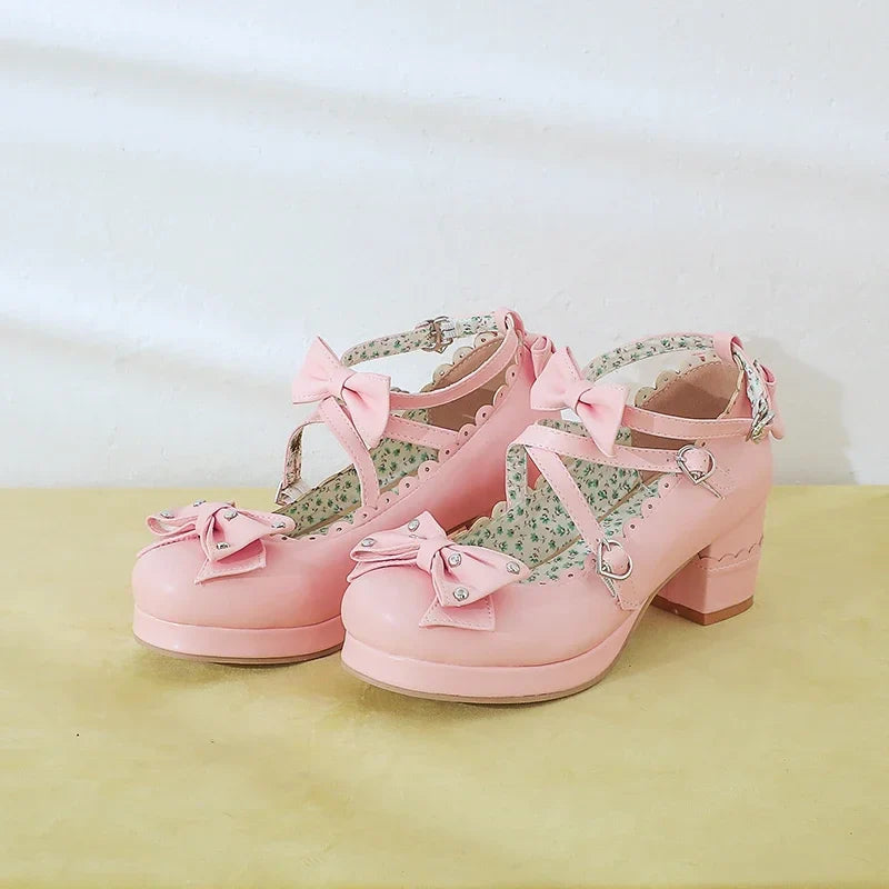 Bows Cross Strap Block Heel Mary Jane Pumps