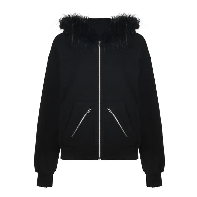 Basic Loose Faux Fur Trim Collar Hoodie