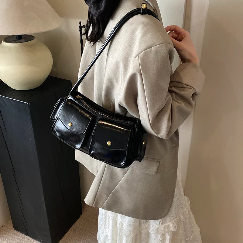 Faux Leather Small Double Pockets Underarm Bags