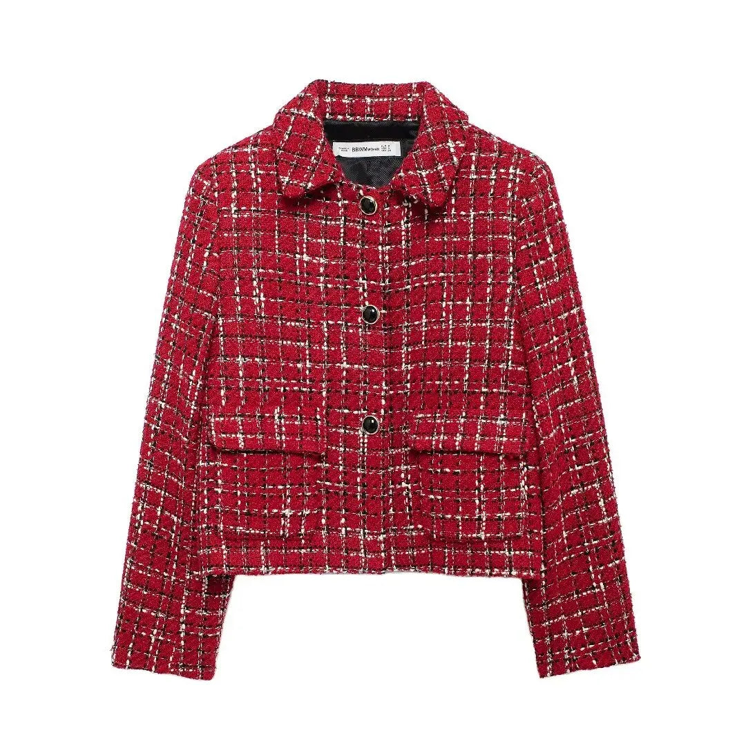 Plaid Lapel Coat and Side Zipper Short Suit
