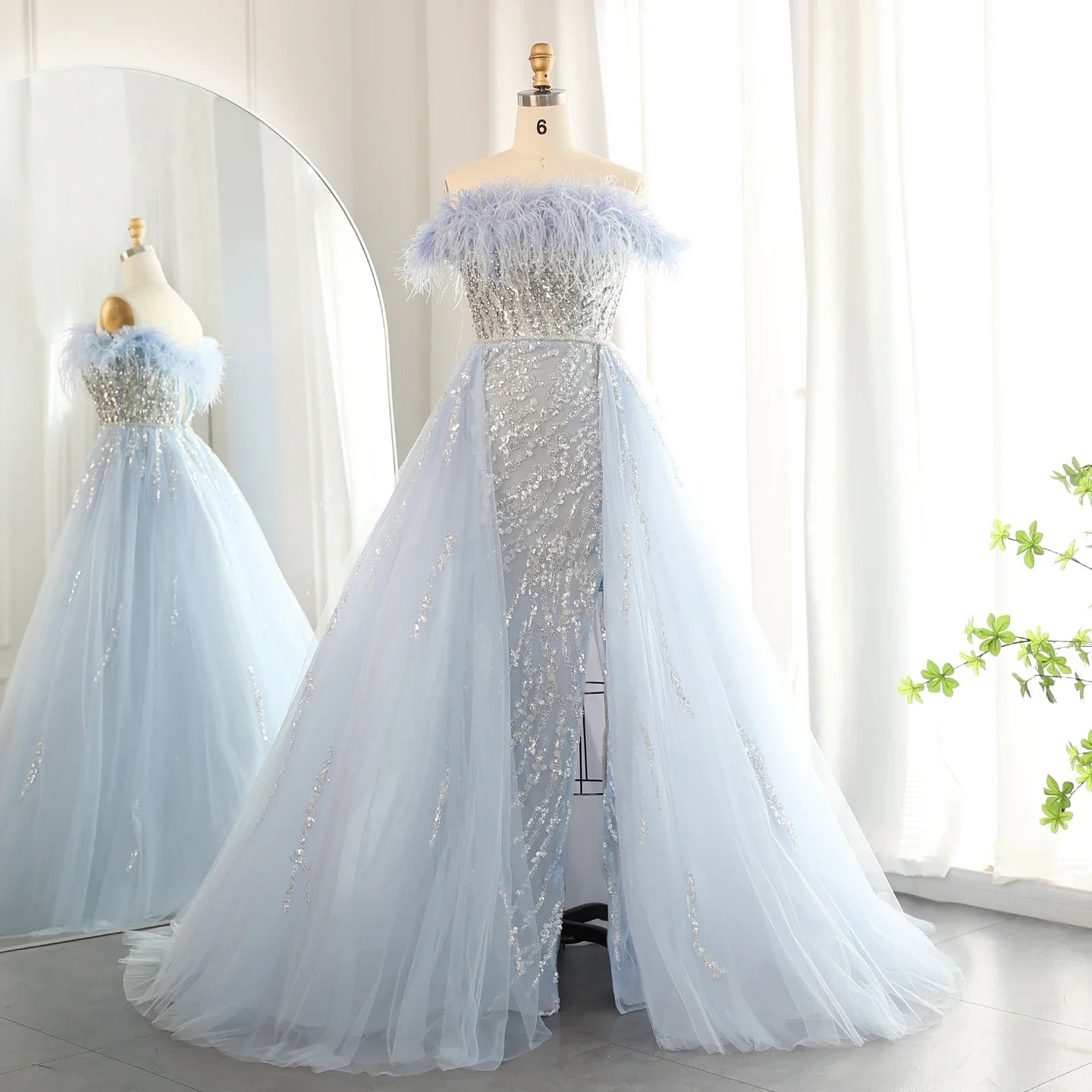 Feathers Off-shoulder Side Slit Overskirt Party Dress