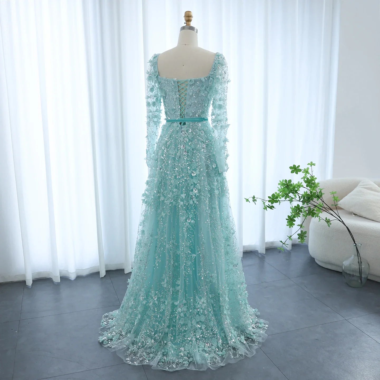 3D Floral A-Line Evening Gown Long Sleeves