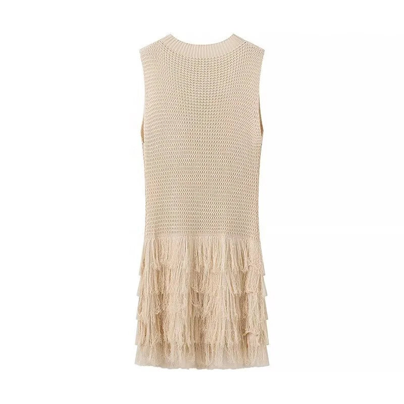 Kniitted Hollow Out Patchwork Tassel Short Dress