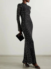 Turtleneck Long Sleeve Mesh Crystal Diamond Black Dress