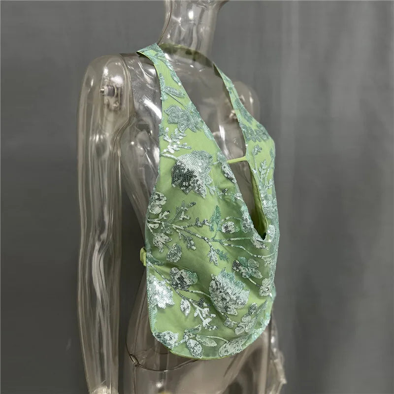 Glitter Deep V Neck Open Back Tank Top