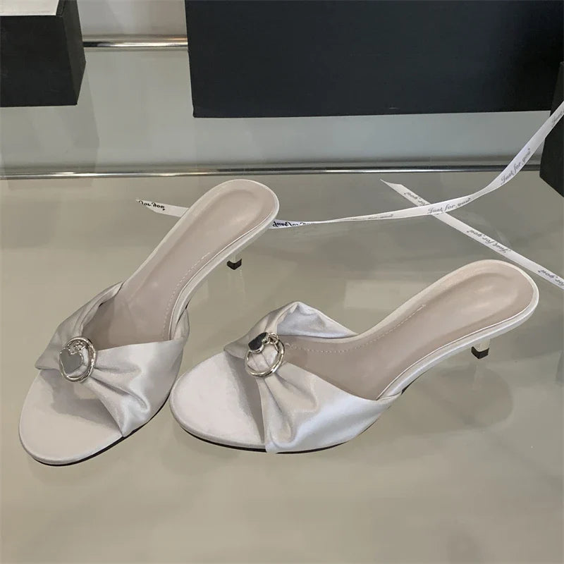 Silk Crystal Open Toe Thin Low Heels Shoes