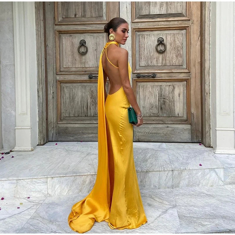 Yellow Satin Backless Lace-Up Off-Shoulder Maxi Dress