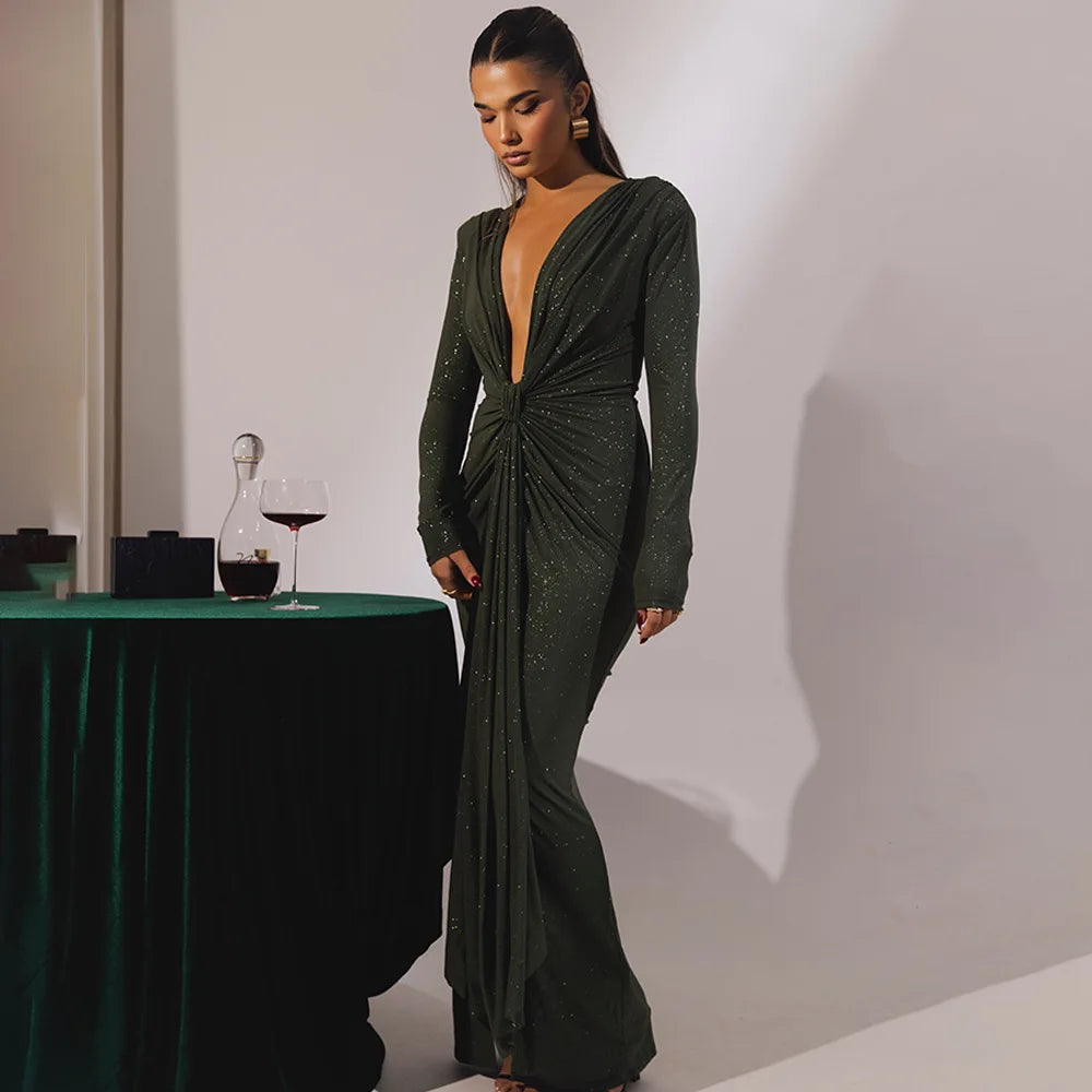 Elastic Deep V-Fold Lace Maxi Dress