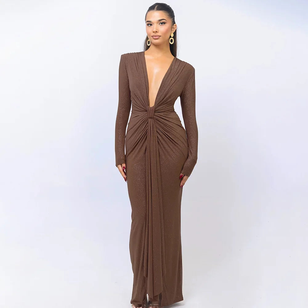 Elastic Deep V-Fold Lace Maxi Dress