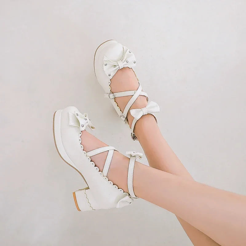 Bows Cross Strap Block Heel Mary Jane Pumps