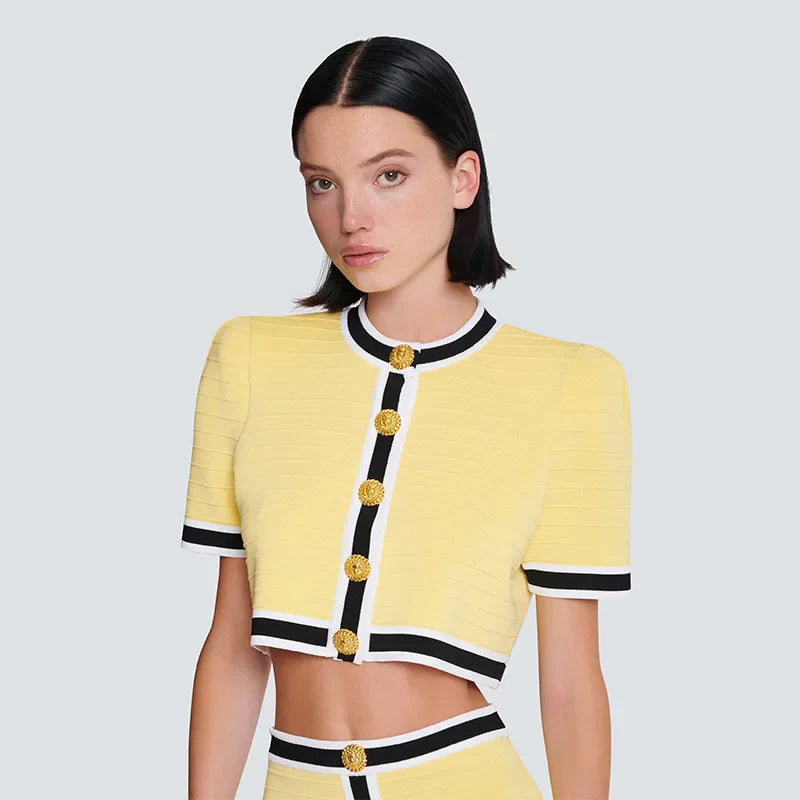 Yellow Short Cardigan and Mini Skirt Suit