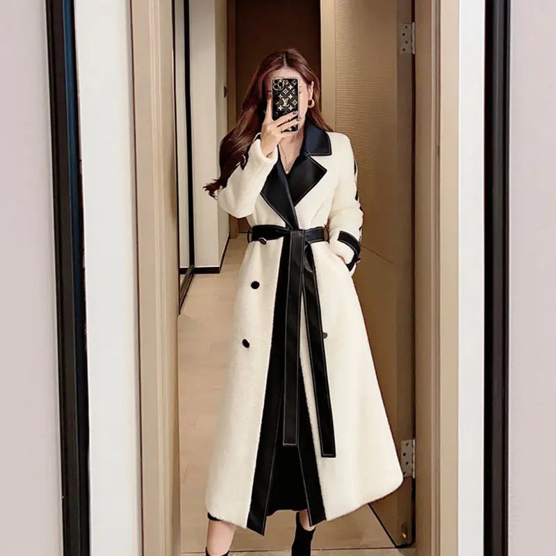 Contrast Color Patchwork Overcoat with Belt