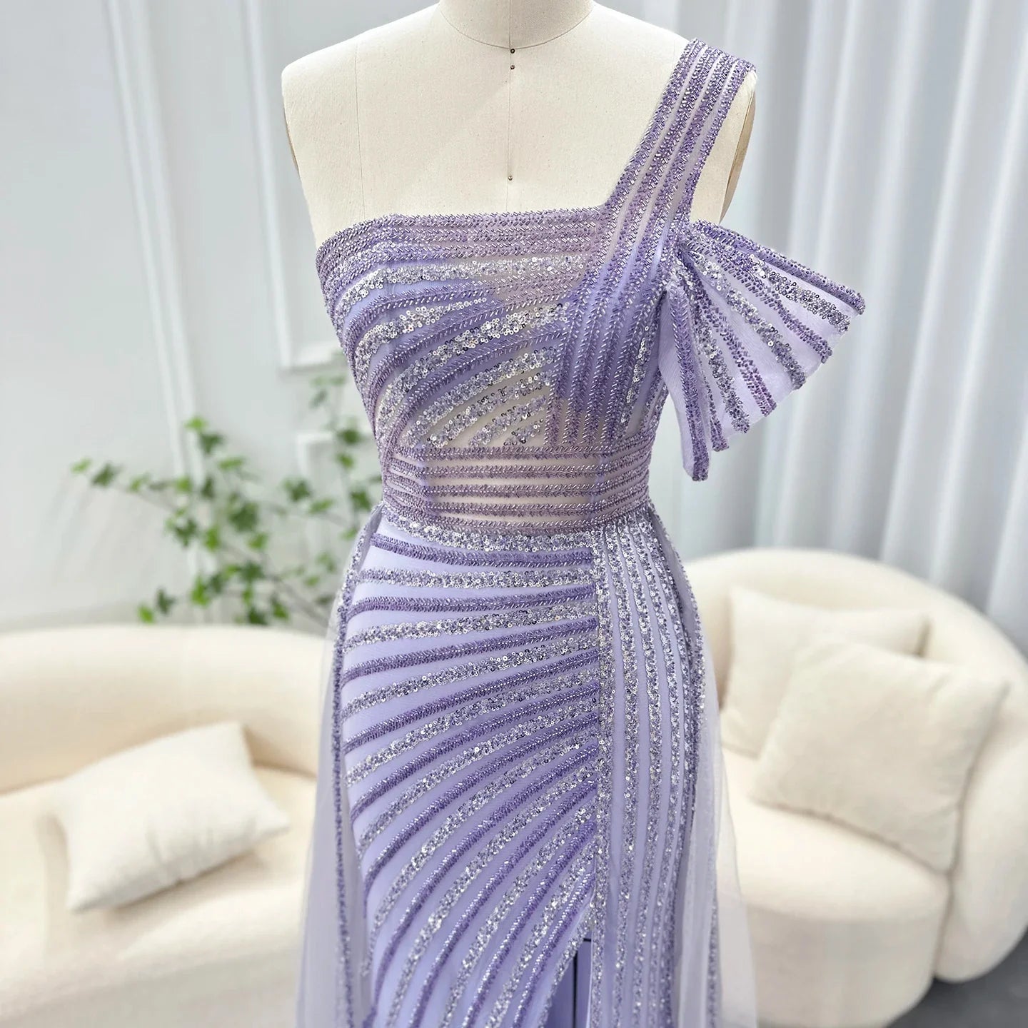 Sage Green One-Shoulder Evening Gown with Overskirt