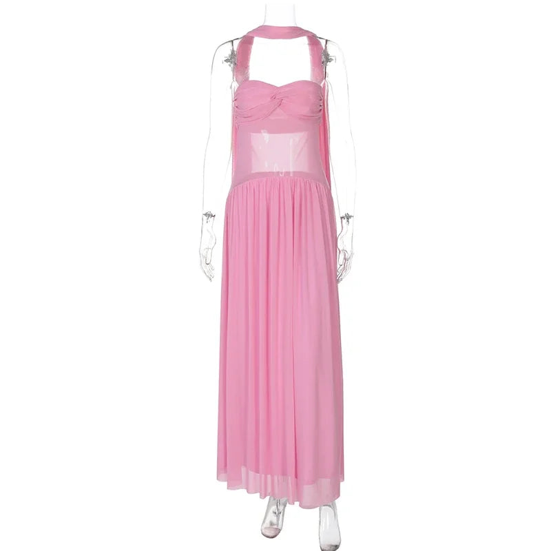 Sheer Strapless Patchwork Pleated Scarf Maxi Dress