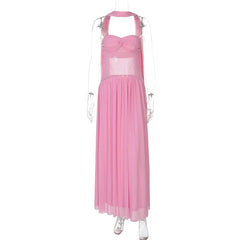 Sheer Strapless Patchwork Pleated Scarf Maxi Dress