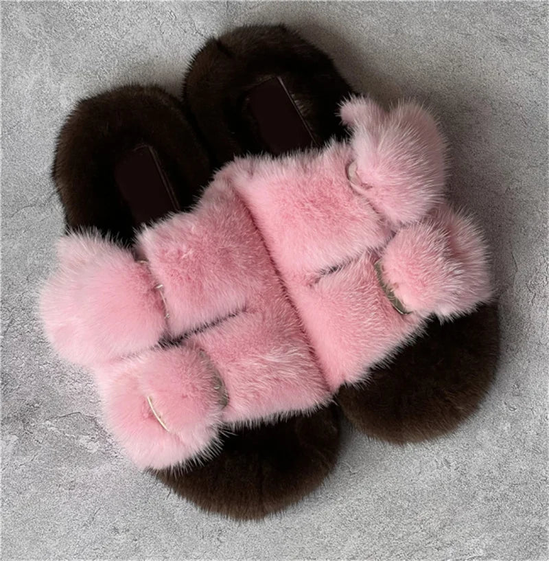Mink Fur Flat Round Head Slippers