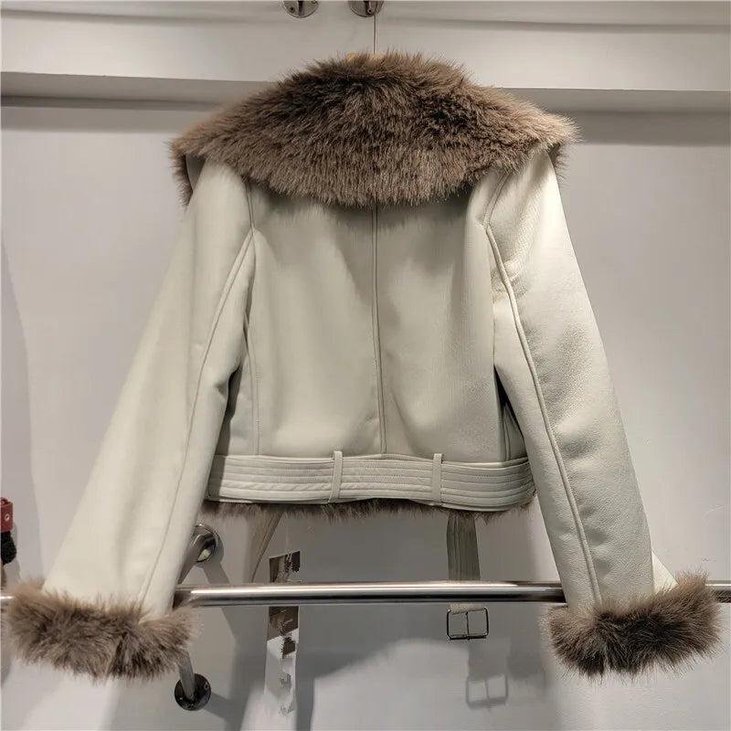 Spliced Leather Faux Fur Long Sleeve Jacket