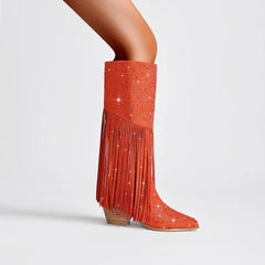 Tassel Rhinestone Round Head Thick Heel High Sleeve Knee Length Boots