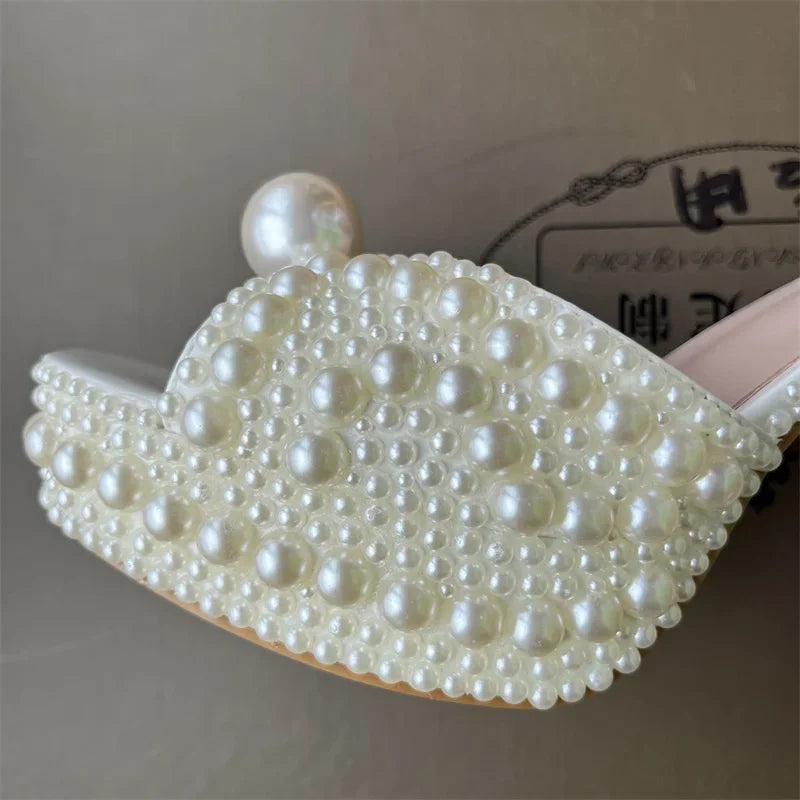 Elegant Handmade Pearl Fish Mouth Thick Heels