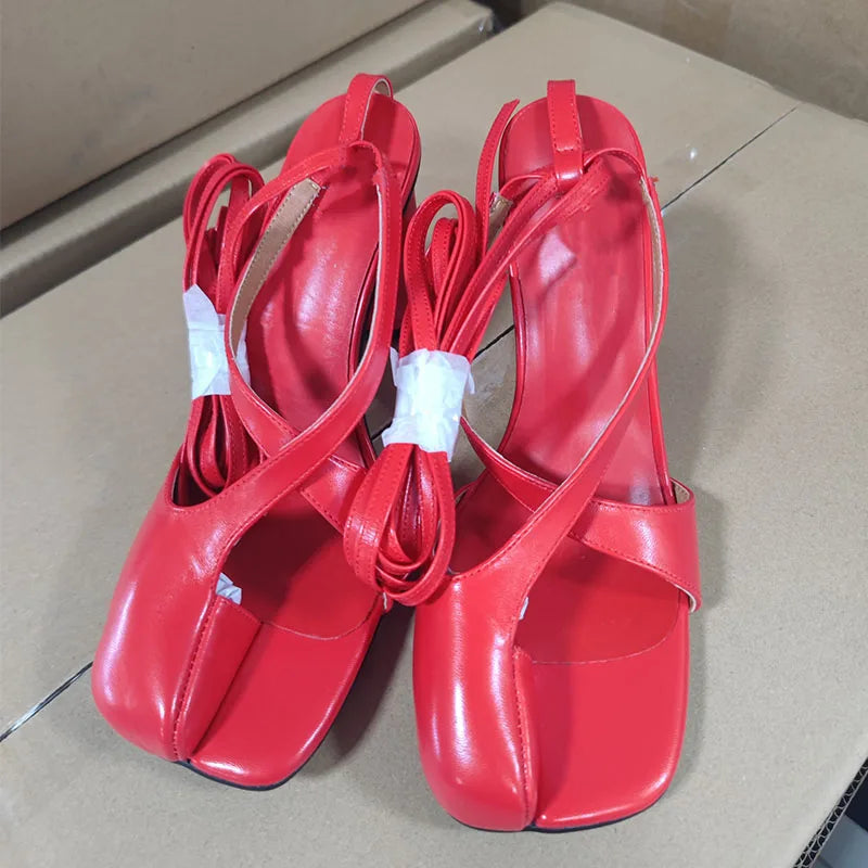 Split toe high heel lace up slides Sandals