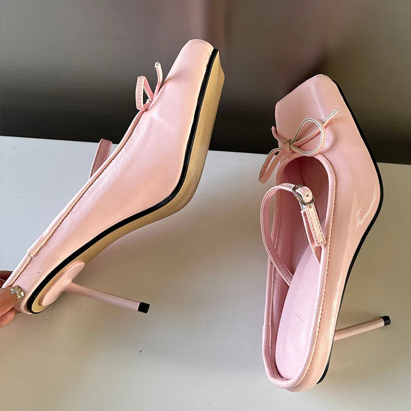 Butterfly-Knot Square Toe Pumps â€?Chic Thin Heeled Shoes for Women