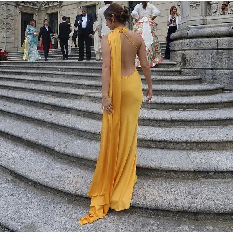 Yellow Satin Backless Lace-Up Off-Shoulder Maxi Dress