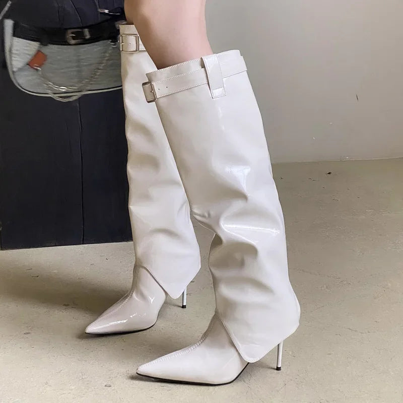 Patent Leather Knee-High Boots Pointed Toe Shoes