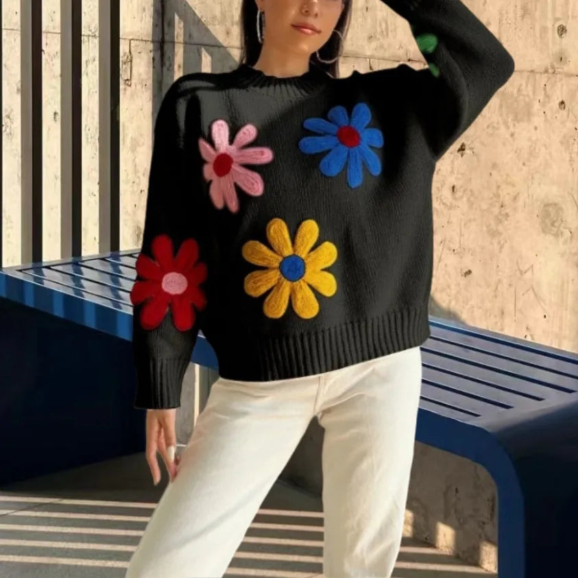 Crochet Sweater Floral Embroidered Lantern Sleeve