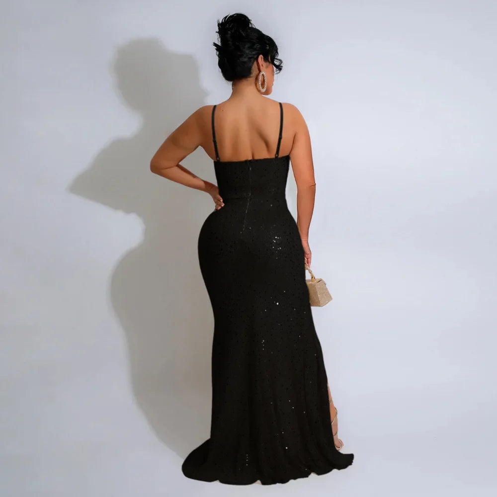 Sequined High Side Split Mermaid Maxi Dress