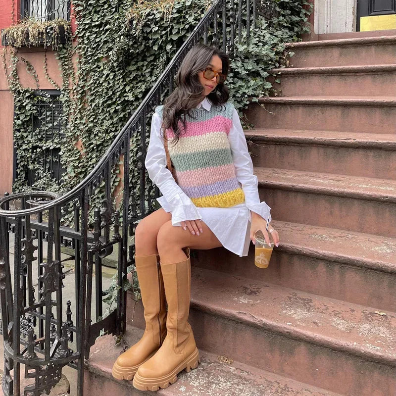 Rainbow Striped Knitted Sleeveless Sweater