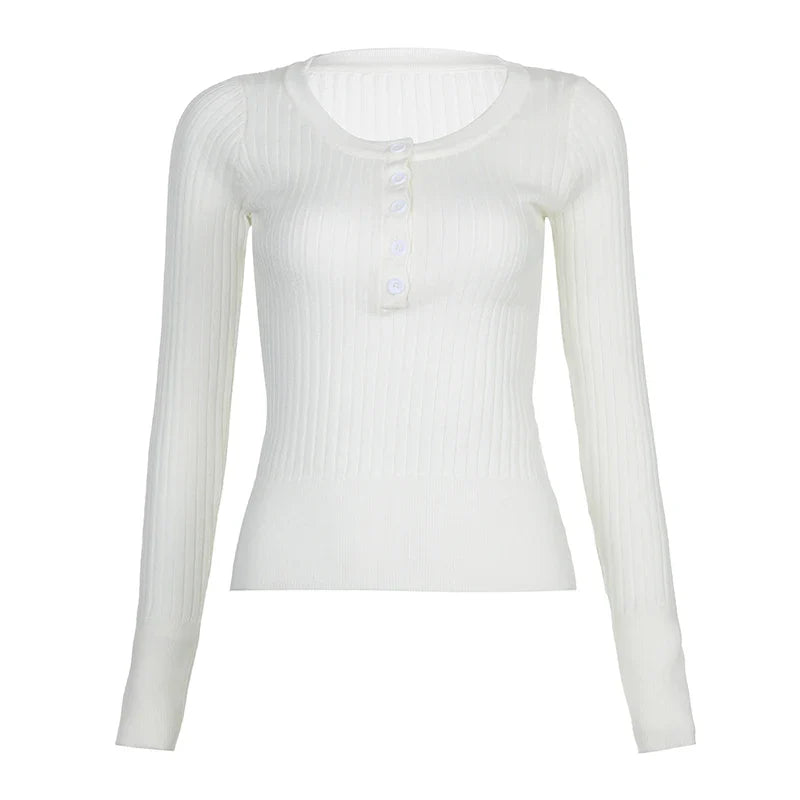 Basic White Buttons Long Sleeves Knitted Top