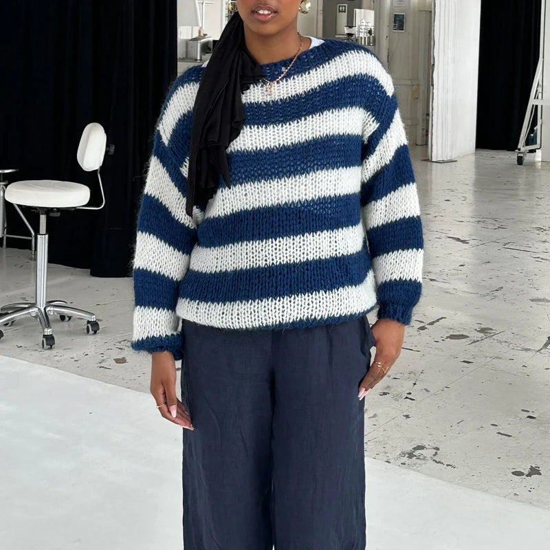 Striped Loose Fit Knitted Long Sleeve Sweater