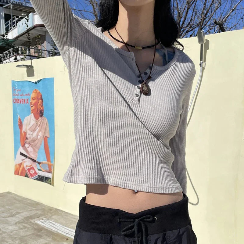 Basic Buttons Ribbed Long Sleeve Knit Top