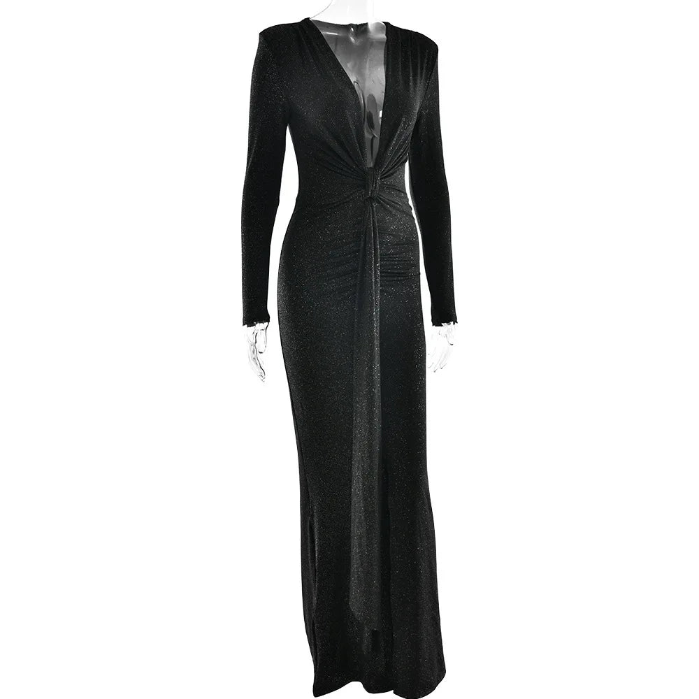 Elastic Deep V-Fold Lace Maxi Dress