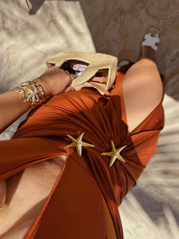 Starfish One Piece Bathing Suits with High Split Skirt