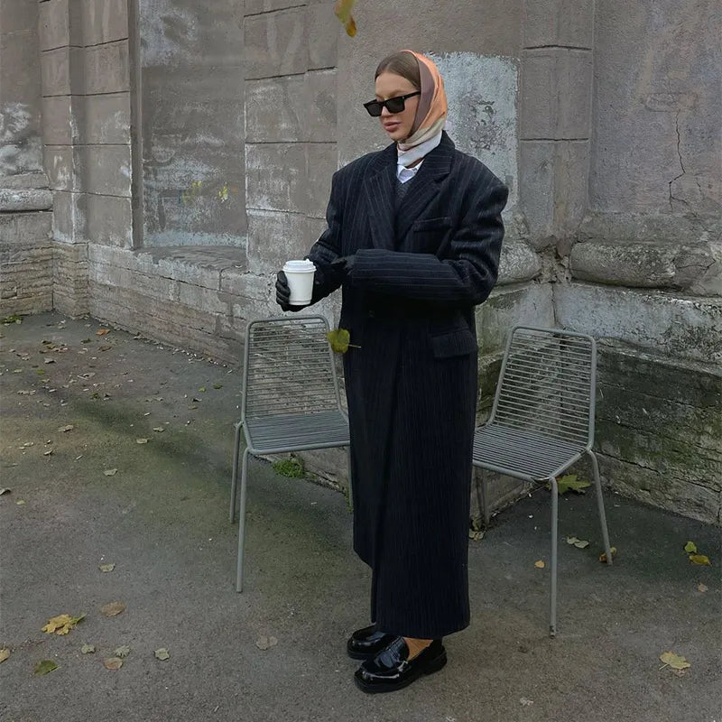 Lapel Striped Oversize Full Sleeve Long Coat