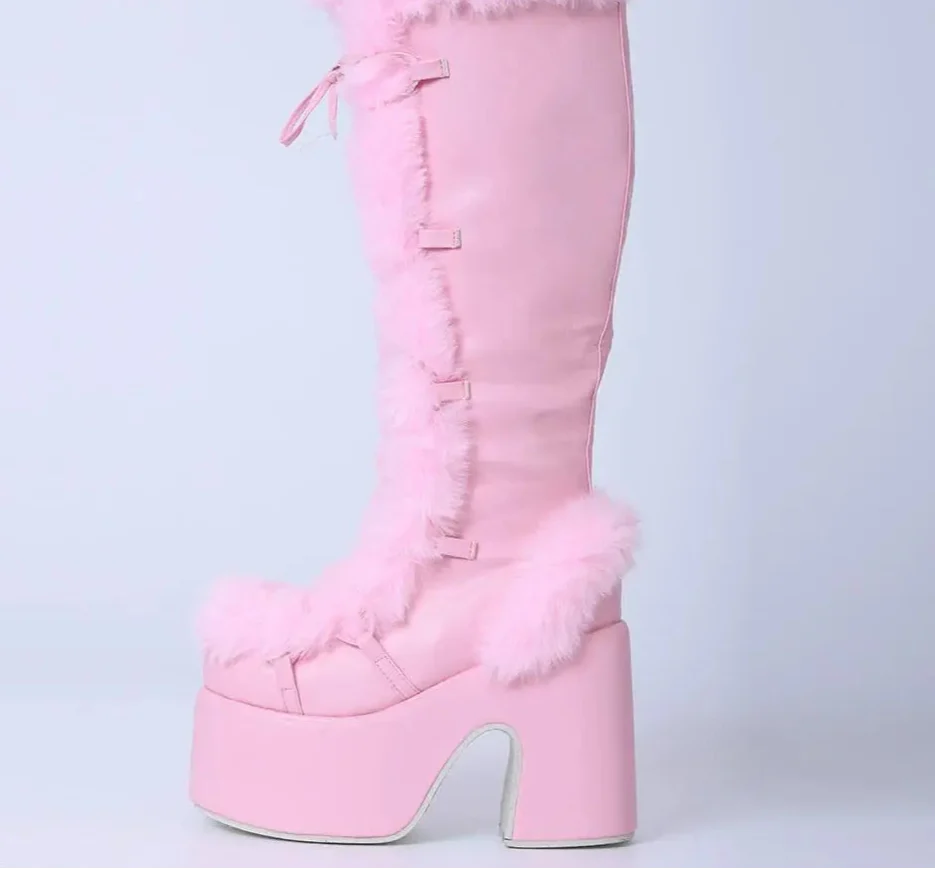 Zip Faux Fur Chunky High Heeled Boots