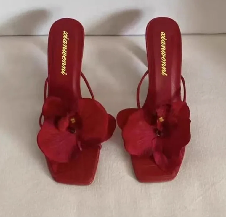 3D Flower High Heels Square Toe Shoes
