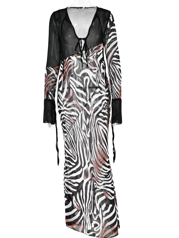 Print Zebra Striped Patchwork Long Sleeves Maxi Dress