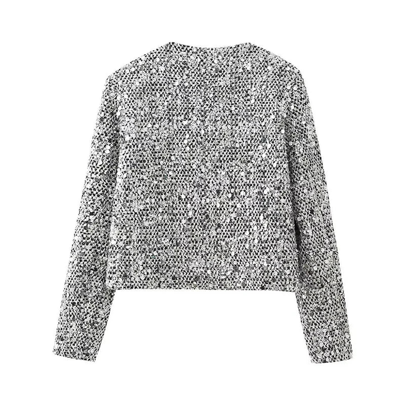 Silver Sequin Embellished Round Neck Short Coat